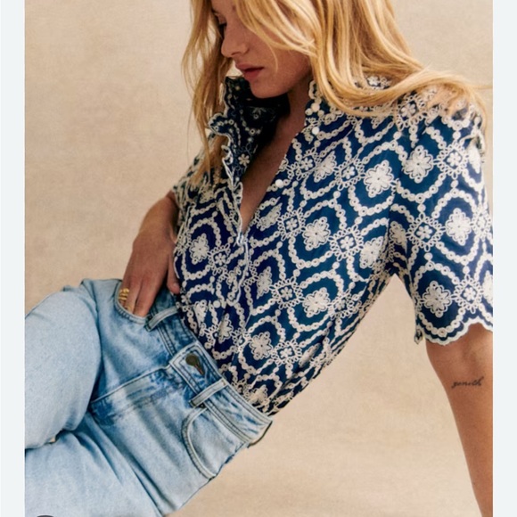 Sezane Tops - NWT Sezane Dahlia blouse in blue and white broderie size 40/US 8